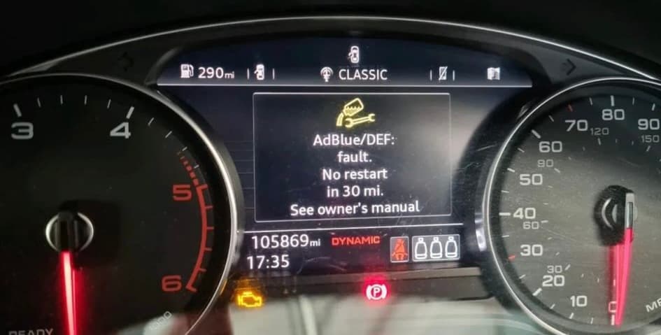 Car dashboard showing AdBlue DEF fault warning light, a service handled by Handy Speedy in Hull