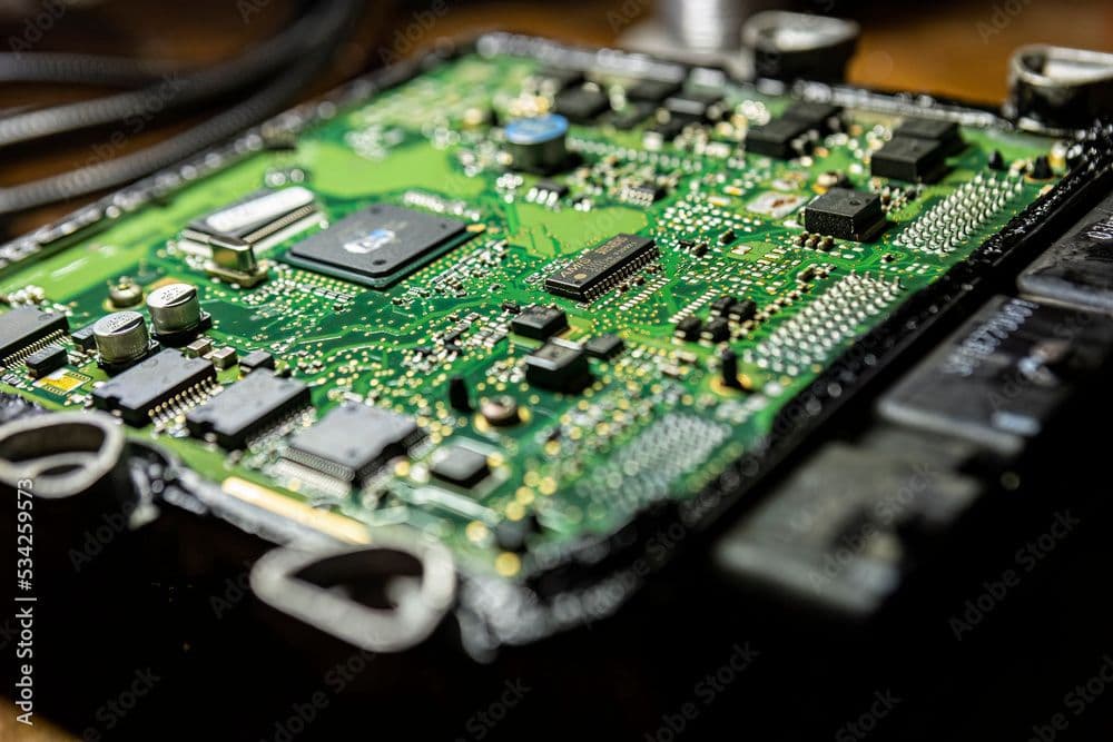 Close-up of a green electronic automotive component being inspected during diagnostics